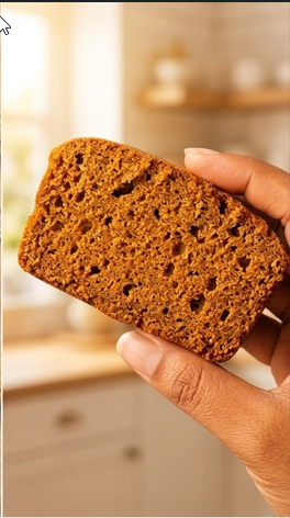 Hand holding a slice of brown bread with a blurred kitchen background